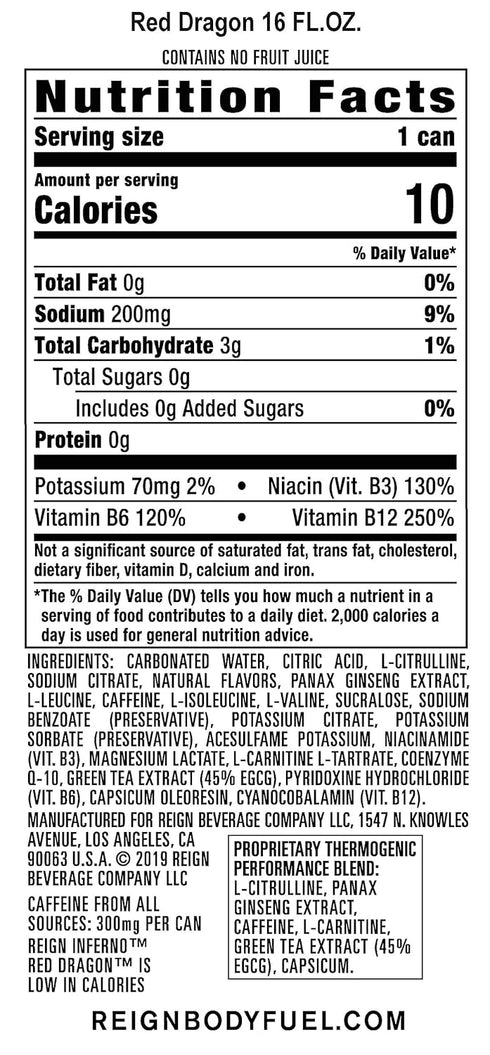 16 Oz (Pack 12) Reign Inferno Red Dragon, Thermogenic Fuel, Fitness and Performance Drink, Fl