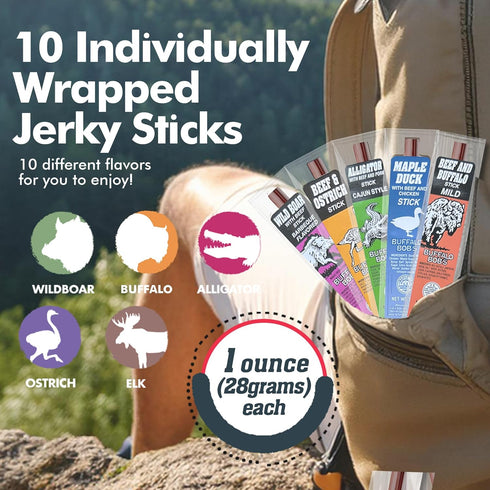 (10-Pack) Pack Jerky-n-Spice Wild Game Meat Sticks | Ultimate Exotic Snacks | Beef Jerky Gifts for Men | Delicious