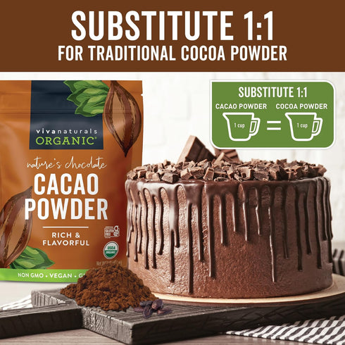 Viva Naturals Organic Cacao Powder, 1lb, Unsweetened Cacao Powder for Baking & Smoothies