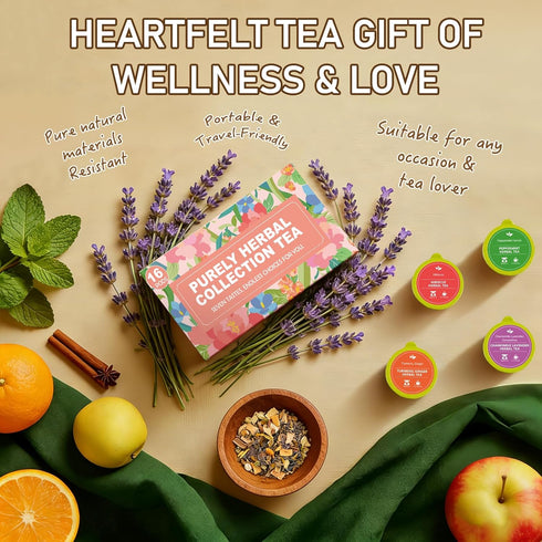 Solisleaf Set Set 7 16Pods Decaf & Soothing Herbal Tea Gift - Relaxing Chamomile Lavender, Cinnamon Apple & Hibiscus