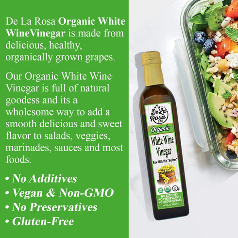 16.9 Oz (Pack 1) De La Rosa White Wine Vinegar, Raw & Unfiltered, with the Mother, Kosher for Passover, Vegan, Non-GMO