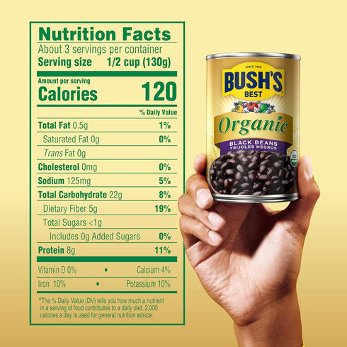 15 oz (Pack 12) BUSH'S BEST Canned Organic Black Beans, Source of Plant Based Protein and Fiber, Low Fat, Gluten Free