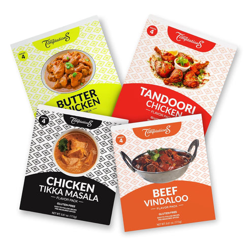 Flavor Temptations Beginner Seasoning Set: TIKKA MASALA, BUTTER CHICKEN, TANDOORI CHICKEN, BEEF VINDALOO Indian Food