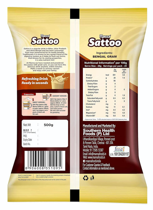 1 (500g 2 Packs) Manna Sattu/Sattoo Drink Mix (Natural) - Indian Protein Mix, High Fibre, Healthy Roasted Chickpeas