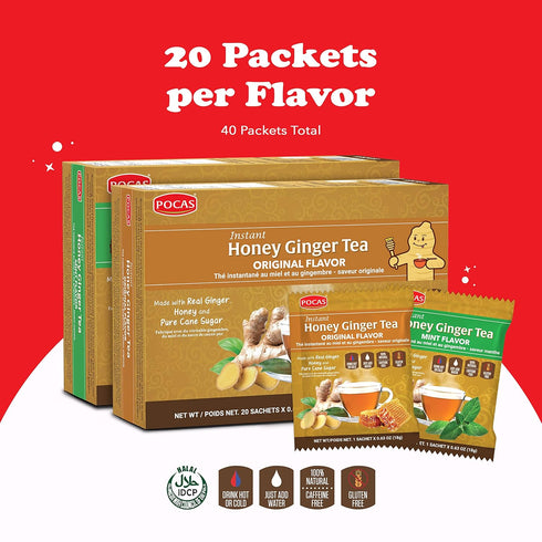 Pocas 2-Pack, 20 Packets Honey Ginger Instant Tea Powder, Original & Mint Variety Ginger Extract & Real Honey