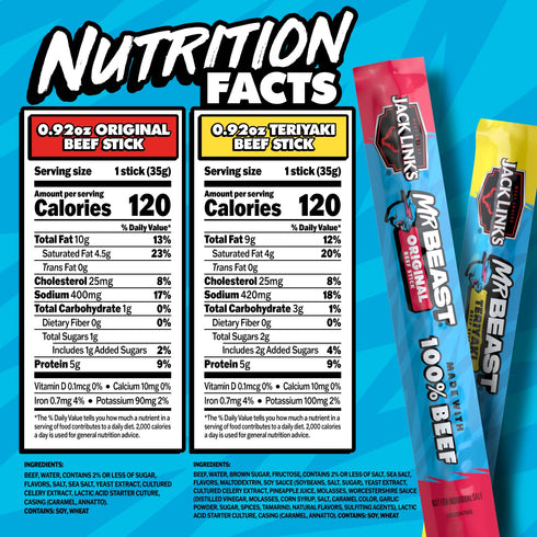 Pack 100% 9 Count Jack Link's x MrBeast Beef Jerky and Sticks Variety - Original, Peppered & Teriyaki - Ready to Eat