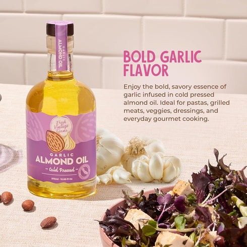 12.68 oz, Pack 2 Fresh Vintage Farms Garlic Infused Almond Oil | Cold Pressed Garlic California Almond Oil | Cold