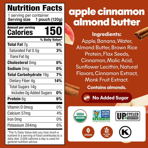 4.22 oz (Pack 12) Noka Superfood Fruit Smoothie Pouches, Organic Applesauce Pouches with Apple, Cinnamon & Almond