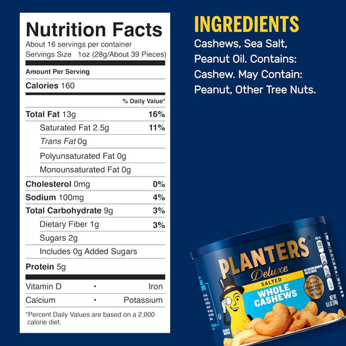 8.5 oz PLANTERS Deluxe Salted Whole Cashews, Party Snacks, Plant-based Protein, Canister