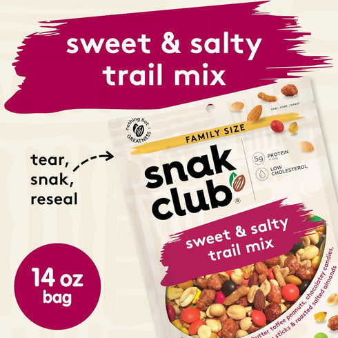 14 oz Snak Club Sweet and Salty Trail Mix with Peanuts, Butter Toffee Peanuts, Chocolatey Candies, Toasted Corn, Honey