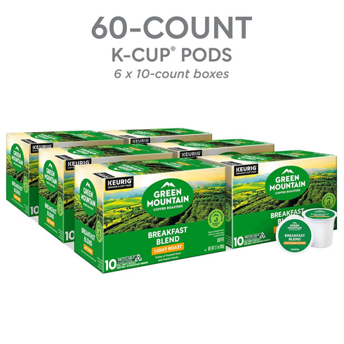 60 Count, (6 Packs 10) Green Mountain Coffee Roasters Breakfast Blend, Keurig Single Serve K-Cup Pods, Light Roast