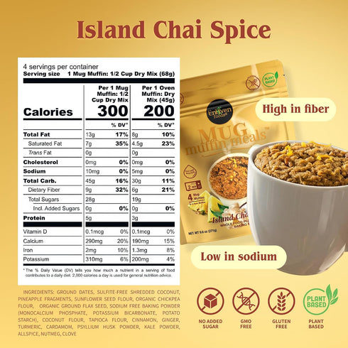 2 4), 9.6 oz (1 Pack) Minute Mug Muffin Meals (Makes Island Chai Spice Gluten Free Vegan Snack, High Fiber Prebiotic
