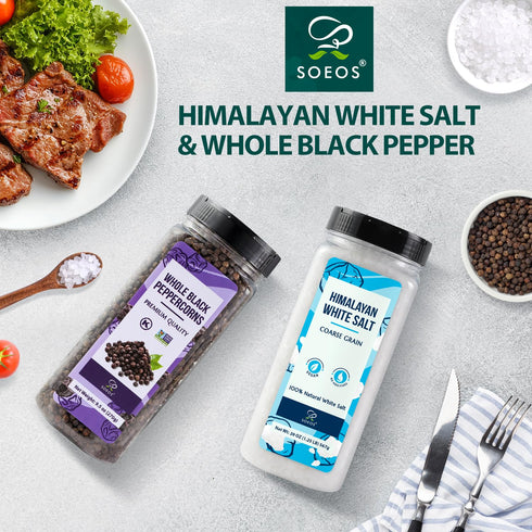 20 Oz 9.5 Oz, Set 837g (2 Set) Soeos Himalayan White Salt + Whole Black Peppercorns Coarse Grain, White Sea Salt, Black