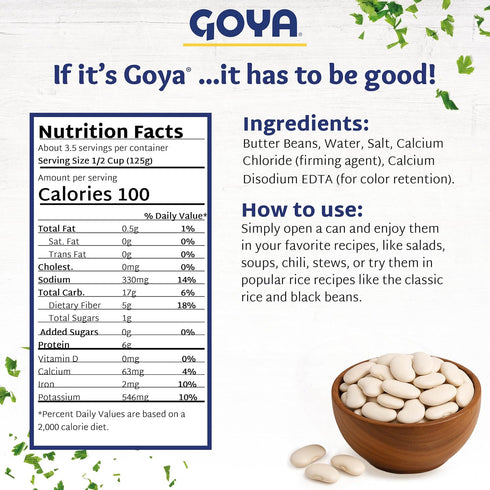 Pack 2 (15.5 oz Goya Butter Beans Canned, Creamy and Flavourful Lima, Pantry Staple, of Cans)