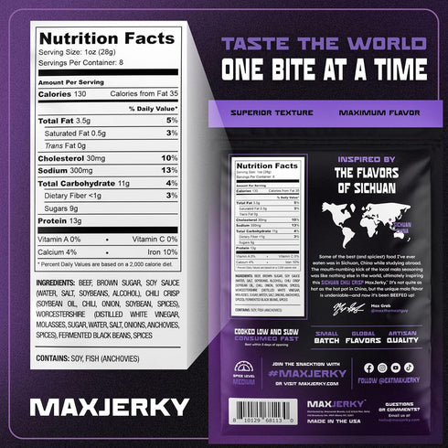 104 8 OZ (2 Pack) MaxJerky Sichuan Chili Crisp Beef Jerky, Grams of Protein
