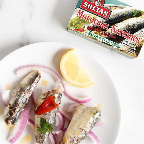 100% 4.37oz Sultan Moroccan Season Sardines in Olive Oil, All-Natural, High Protein, No Additives, No Preservatives