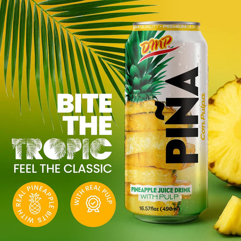 16.57 Oz, 6-Pack De Mi Pais Pineapple Juice with Pulp, Premium Quality Canned Beverage, Refreshing Pia Fruit Drink