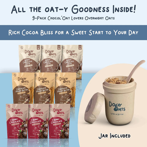 Dozy Packets, 9-Pack Oats Overnight Oatmeal Chocol'oat Lovers Variety Box with Rolled Oats, Chia Seeds, and Date