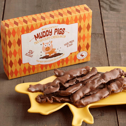 6 "Muddy Pigs" Chocolate Covered Bacon Strips - Hickory Smoked Bacon Strips - Gourmet Artisan Chocolates Made Fresh