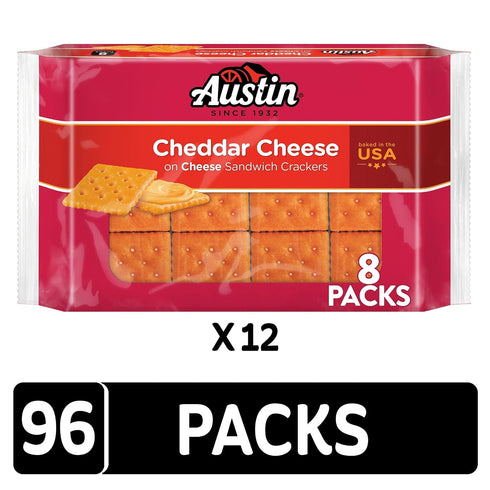 (12 96 Packs) Austin Cheddar Cheese Flavored Sandwich Crackers, Lunch Snacks Trays