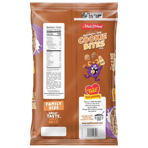 21 Malt-O-Meal Chocolatey Chip Cookie Bites Kids Breakfast Cereal, Family Size Bulk Bagged Cereal, Ounce Resealable Bag
