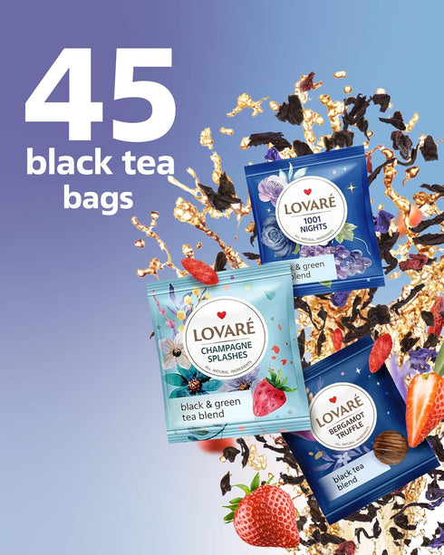 Pack 90 SET) LOVARE Black and Green Tea Bags Variety - Made in Ukraine Tea Sampler - Individually Wrapped Assorted Tea
