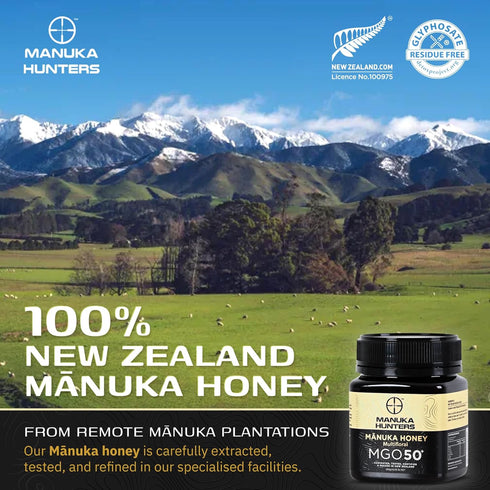 50+ 100% 8.8oz/250g Manuka Hunters/MGO Certified New Zealand Manuka Honey - Pure Natural Sweetener - Gluten, Dairy Free