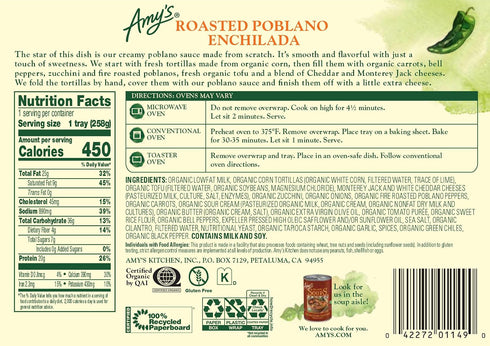 Frozen 9.1 oz. Amy's Meals, Roasted Poblano Enchilada Entree, Gluten Free