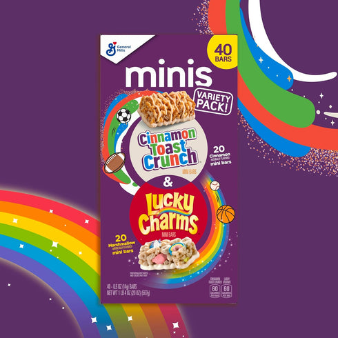 General Mills Pack, 40 20 oz Cereal Lucky Charms and Cinnamon Toast Crunch Mini Cereal Treat Bars Variety Ct