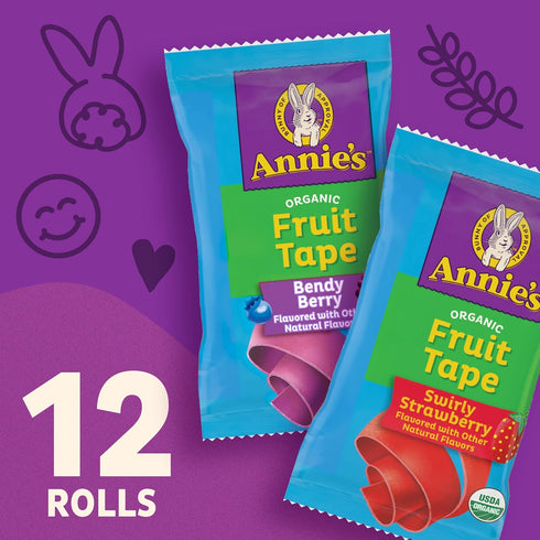 Pack, 12 9 oz Annie's Organic Fruit Tape, Swirly Strawberry and Bendy Berry, Gluten Free, Variety Rolls