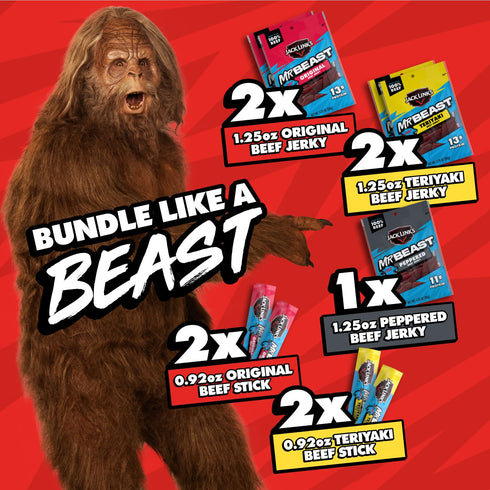Pack 100% 9 Count Jack Link's x MrBeast Beef Jerky and Sticks Variety - Original, Peppered & Teriyaki - Ready to Eat