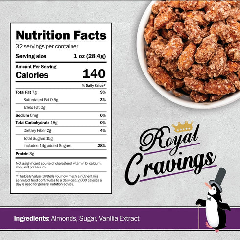 2 lb Royal Cravings - Cinnamon Almonds - Sweet & Salty Crunch Snack for Gifting, Sharing & Dessert Topping - Resealable