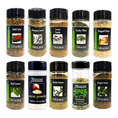 eonou Encore Seasonings and Spices 10 pk - Premium Cooking Spices and Herbs (Oregano, Rosemary, Basil, Parsley, Italian Seasoning, Cumin, Steak Spice, Chopped Onion, Onion Powder, Thyme)