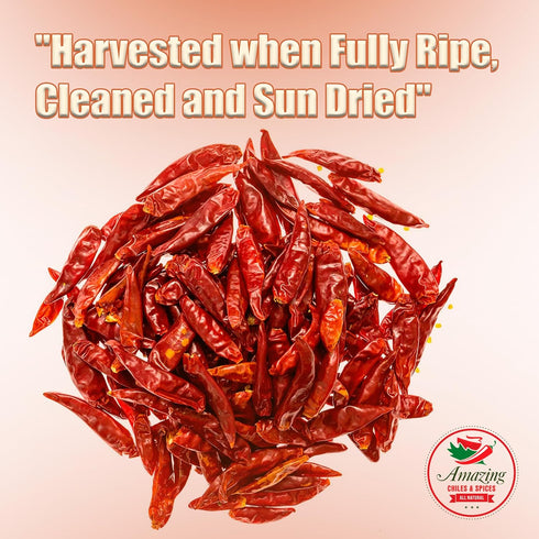 Chile De Arbol 4oz - Dried Whole Red Chili Peppers, Premium All Natural, Resealable Bag for Cooking