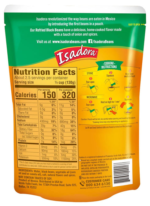 12.3 oz (Pack 1), Isadora Black Refried Beans of Delicious Refried Pinto Beans, Microwave Food Premade Meals, Plant