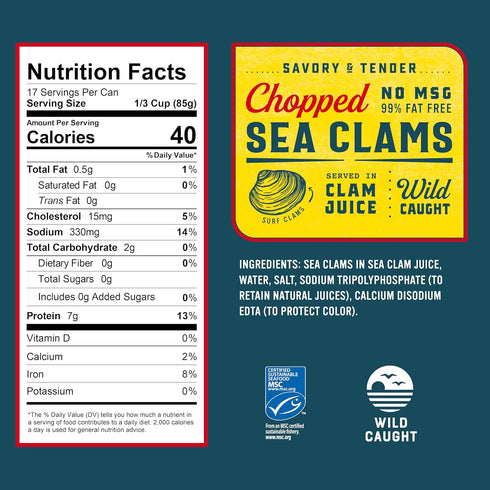 51 oz 7g 99% Snow's Chopped Sea Clams in Clam Juice, Can - Premium Grade Wild Caught Gourmet Surf Clams - Protein Per
