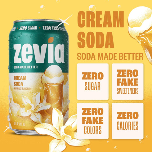 12 (Pack 6) Zevia Zero Calorie Soda, Cream Soda, Ounce Cans