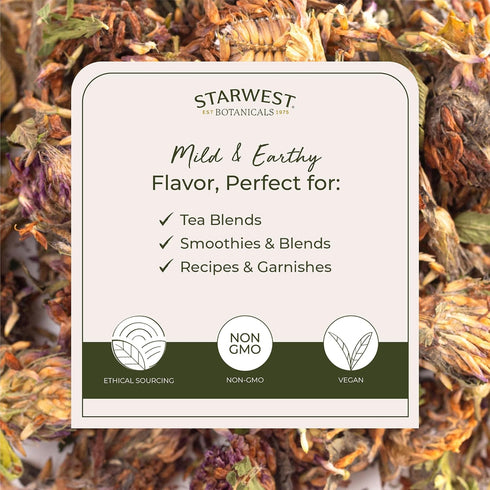 1 lb Starwest Botanicals Red Clover Blossoms Whole Organic - Dried Loose Leaf Herb for Tea, Edible Flowers, Certified