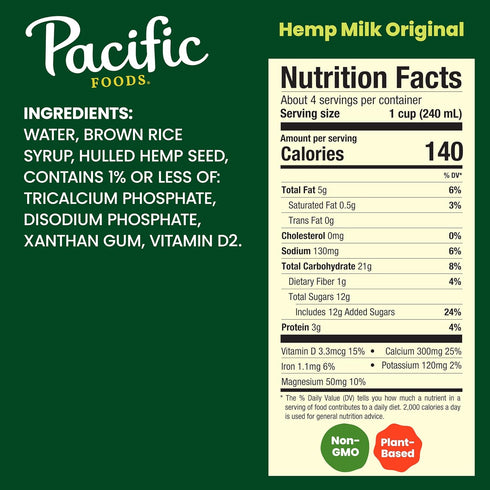 32 oz (Pack 4) Pacific Foods Original Hemp Milk, Plant Based Milk, Carton