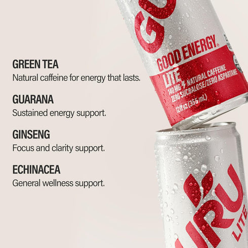 140MG 12oz (Pack 12) GURU Lite Organic Energy Drinks, Clean Energy Drink with Plant Based Natural Caffeine from Green