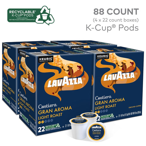 88-Count (4 Packs 22) Lavazza Costiera Gran Aroma, Single-Serve Keurig K-Cup Pods, Light Roast Coffee, Box