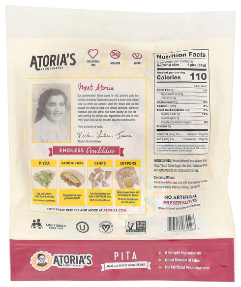 6 Count, 12 Atoria's Family Bakery, Pita Whole Grain Ounce