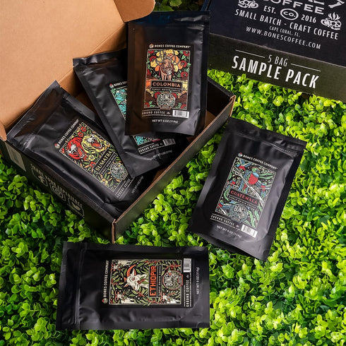 Pack, 4 oz Pack 5 Bones Coffee Company NEW World Tour Sample Single-Origin Flavored Coffee Low Acid Medium Roast