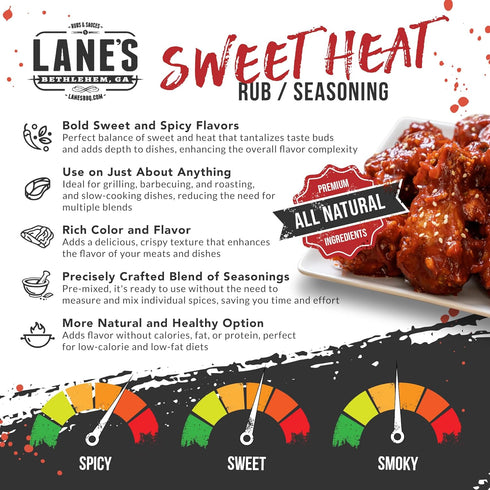 10.4 Oz Lane's Sweet Heat Rub Seasoning, All-Natural BBQ Brisket Rub Goes Well with Butt Rub Seasoning, No MSG Brisket