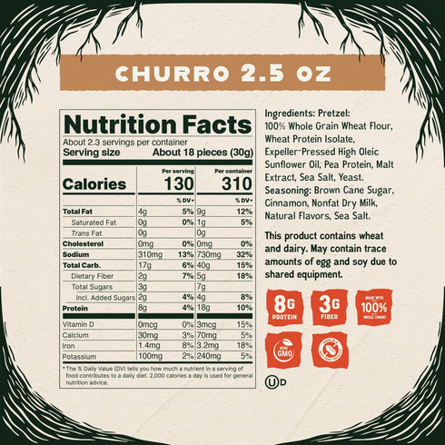 Protein-Packed 20g 8-Count (2.5oz Kindling Protein Pretzels - Churro | Snack Size Bags | Kosher | Protein Per Bag | No