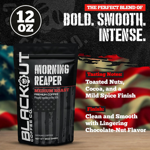 12oz Blackout Coffee Morning Reaper Ground Coffee Medium Roast, Bold & Strong Flavor Freshly Roasted Bag.