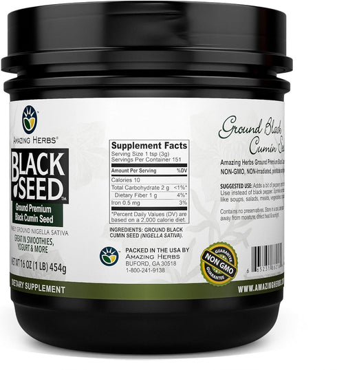 16 Oz Amazing Herbs Premium Ground Black Cumin Seeds - Finely Ground Nigella Sativa, Gluten Free, Non GMO, Supports