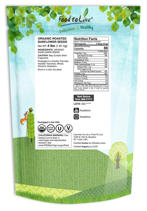 4 Food to Live Organic Dry Roasted Sunflower Seed Kernels, Pounds Non-GMO, Unsalted, Oven Roasted, No Oil Added