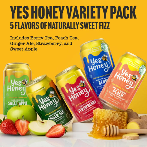 Pack, 5 11oz 100% Yes Honey Sparkling Tea & Soda Variety Flavors, Cans, Honey-Sweetened, Functional Teas