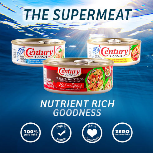 3 5 oz (Pack 6) Century Tuna Hot & Spicy Flaked Light Tuna in Oil | High in Protein and Rich in Omega DHA Canned Tuna